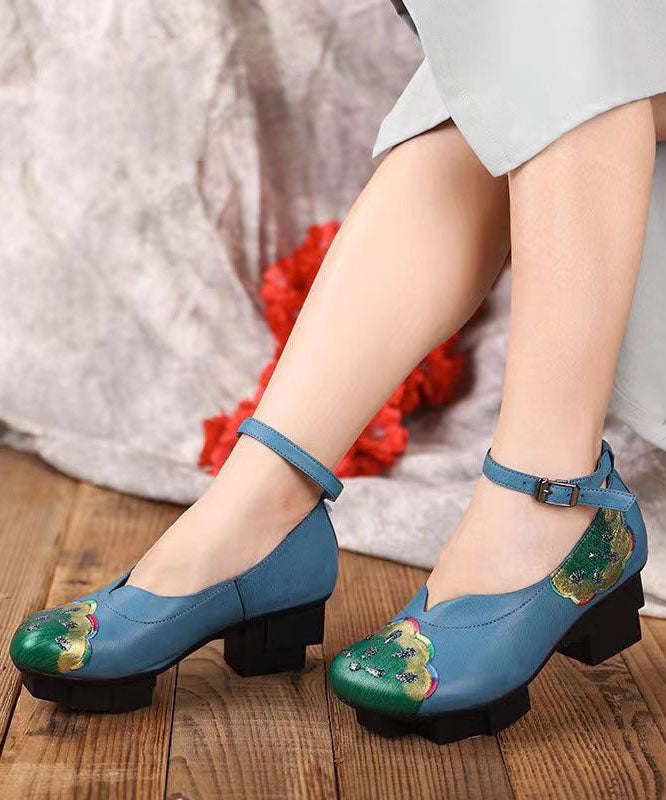 Blue High Heels Chunky Cowhide Leather Fine Splicing Buckle Strap