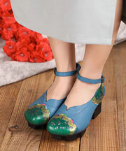 Blue High Heels Chunky Cowhide Leather Fine Splicing Buckle Strap