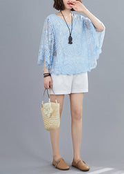 Blue Hollow Out Cotton Shirt Top Embroideried Batwing Sleeve