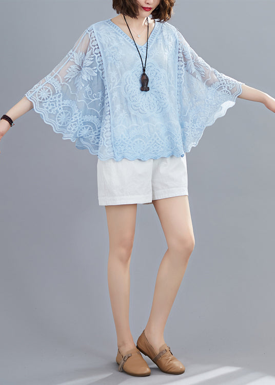 Blue Hollow Out Cotton Shirt Top Embroideried Batwing Sleeve