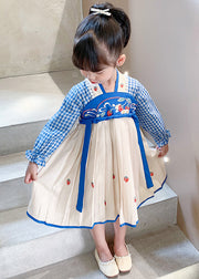 Blue Lace Up Patchwork Cotton Girls Dresses Wrinkled Fall