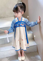 Blue Lace Up Patchwork Cotton Girls Dresses Wrinkled Fall