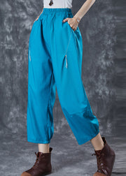 Blue Loose Linen Harem Pants Embroidered Summer