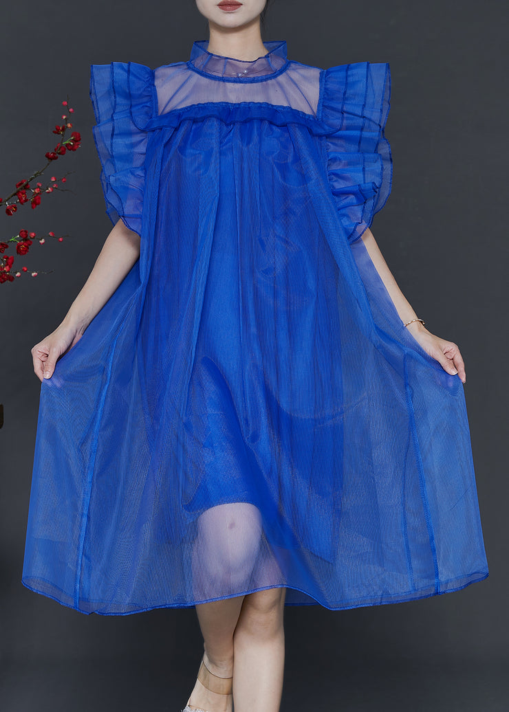 Blue Loose Tulle Tea Dress Stand Collar Butterfly Sleeve