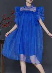 Blue Loose Tulle Tea Dress Stand Collar Butterfly Sleeve