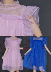 Blue Loose Tulle Tea Dress Stand Collar Butterfly Sleeve