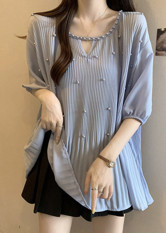 Blue Nail Bead Patchwork Chiffon Blouses O-Neck Half Sleeve