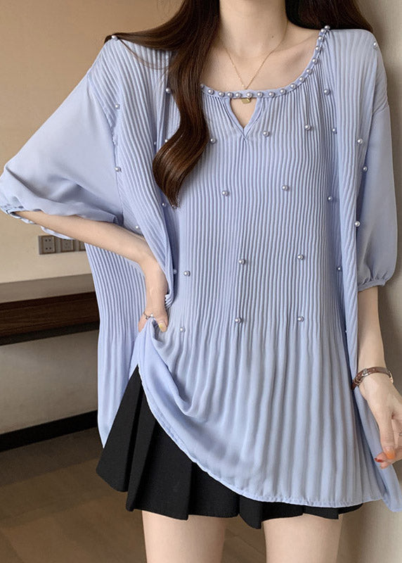 Blue Nail Bead Patchwork Chiffon Blouses O-Neck Half Sleeve