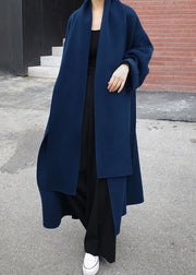 Blue Notched Tie Waist Woolen Coats Long Sleeve