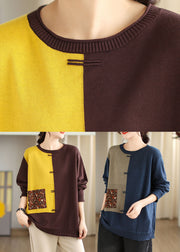 Blue O-Neck Button Cozy Cotton Knit Sweater Long Sleeve