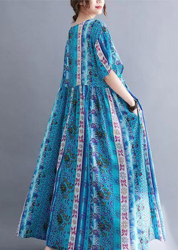 Blue O-Neck Patchwork Maxi Dresses Summer