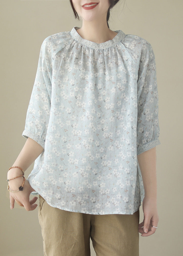 Blue O-Neck Patchwork Ramie Shirts Half Sleeve