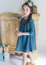 Blue O-Neck Wrinkled Cotton Girls Mid Dresses Half Sleeve