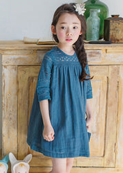 Blue O-Neck Wrinkled Cotton Girls Mid Dresses Half Sleeve