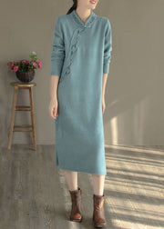 Blue Oriental Long Knit Dress Embroideried Side Open Winter