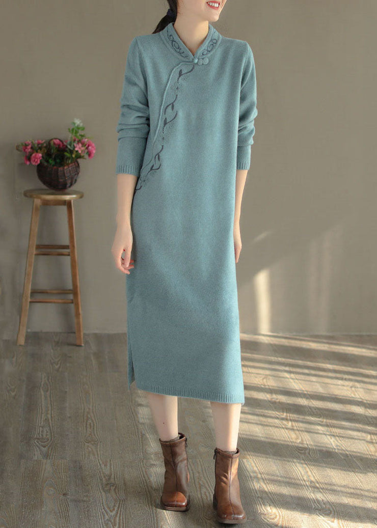 Blue Oriental Long Knit Dress Embroideried Side Open Winter