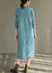 Blue Oriental Long Knit Dress Embroideried Side Open Winter