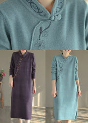 Blue Oriental Long Knit Dress Embroideried Side Open Winter