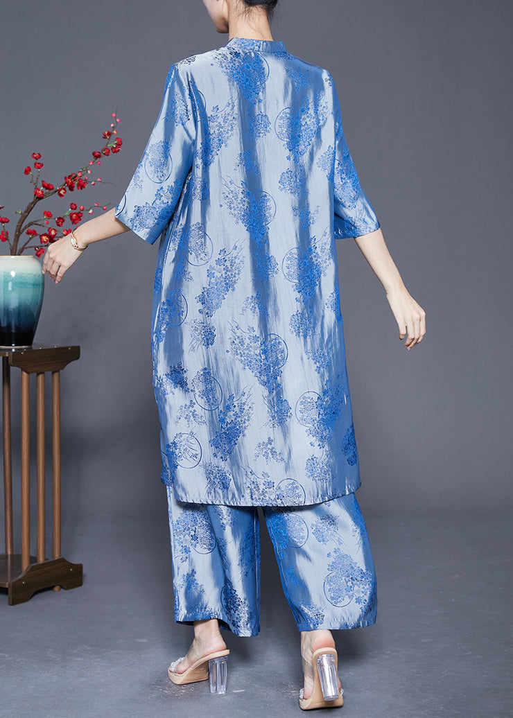 Blue Oriental Silk Two Piece Set Mandarin Collar Jacquard Summer