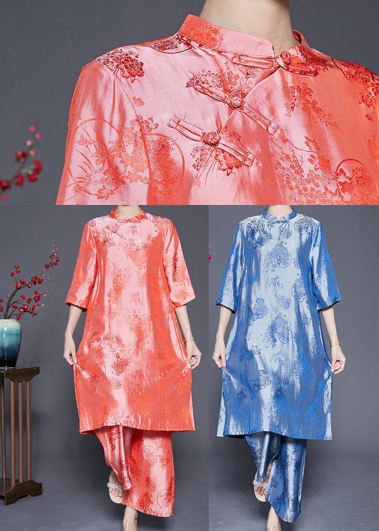 Blue Oriental Silk Two Piece Set Mandarin Collar Jacquard Summer