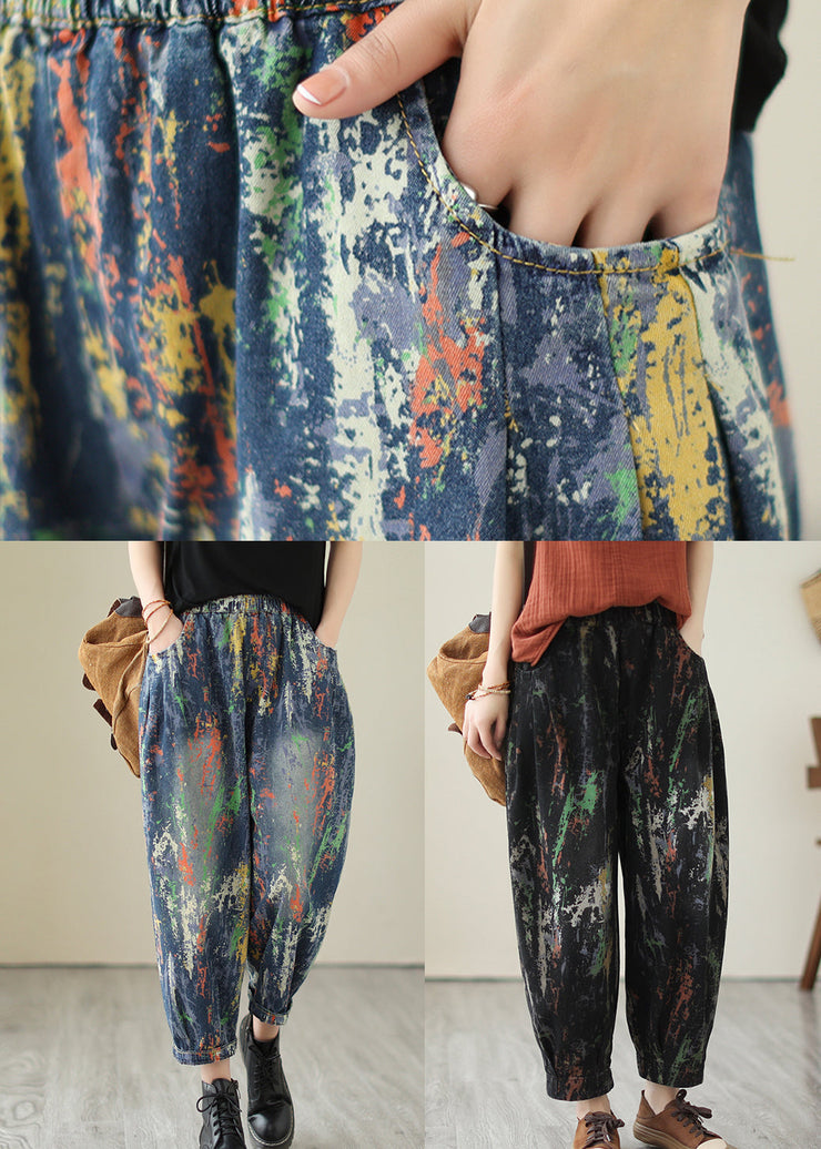 Blue Paintings Denim Harem Pants Oversized Spring