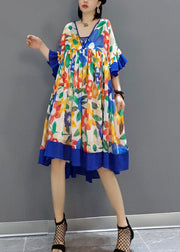 Blue Patchwork Chiffon A Line Dress V Neck Flare Sleeve