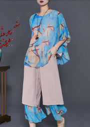 Blue Patchwork Chiffon Women Sets 2 Pieces Oversized Summer