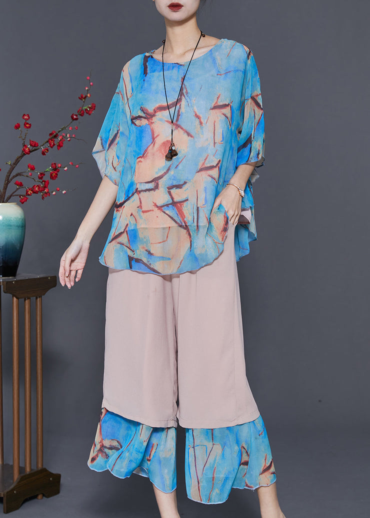 Blue Patchwork Chiffon Women Sets 2 Pieces Oversized Summer