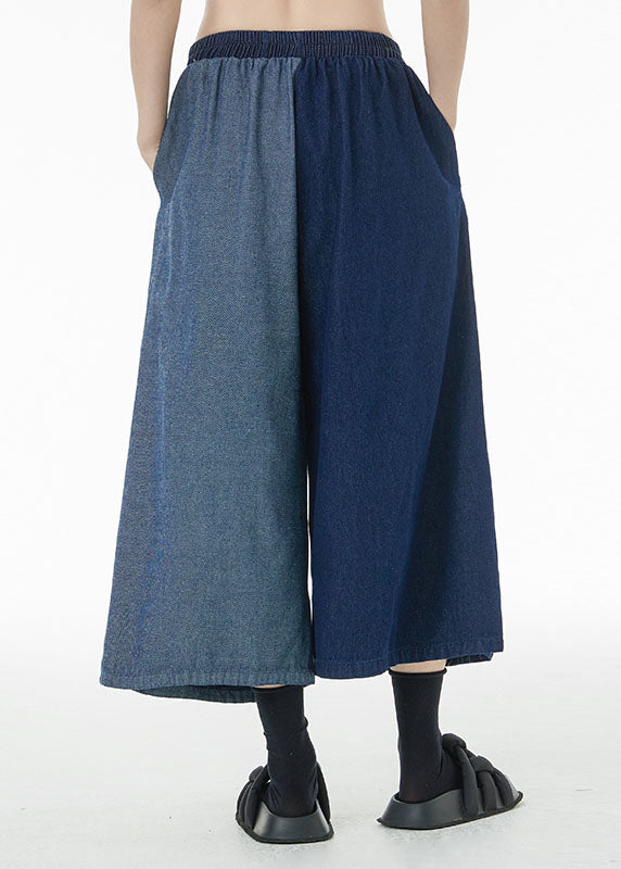 Blue Patchwork Cotton Crop Pants Elastic Waist Asymmetrical Summer