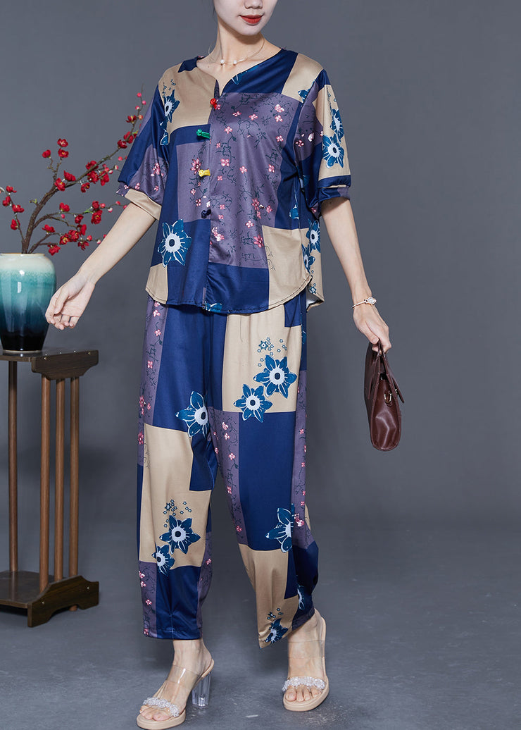 Blue Patchwork Cotton Two-Piece Set Oversized Print Summer