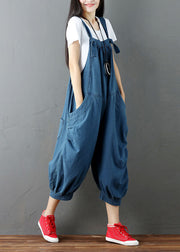 Blue Patchwork Denim Jumpsuits Pants Pockets Wrinkled Summer