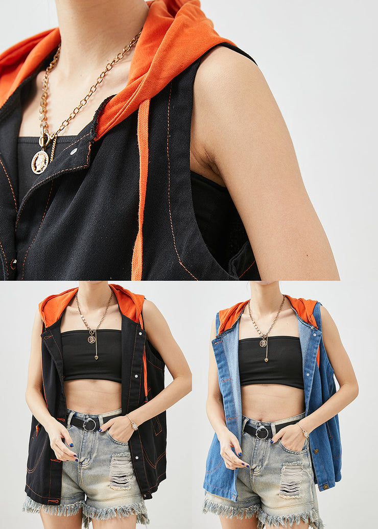 Blue Patchwork Denim Vests Hooded Oversized Fall