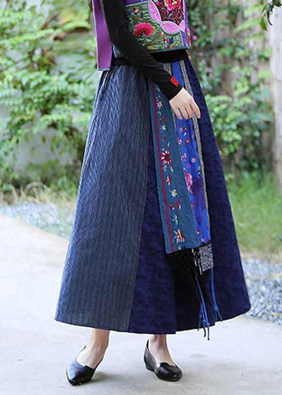 Blue Patchwork High Waist Tassel Maxi Skirts