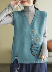 Blue Patchwork Jacquard Knit Vest V Neck Sleeveless