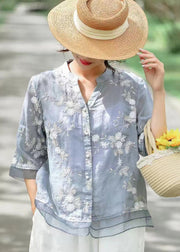 Blue Patchwork Linen Blouse Tops Embroideried V Neck Summer