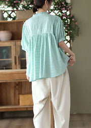 Blue Patchwork Loose Cotton Shirt Top Ruffled Button Summer