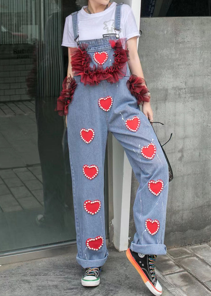 Blue Patchwork Spaghetti Strap Denim Jumpsuits Tulle Ruffled Heart Nail Bead Summer