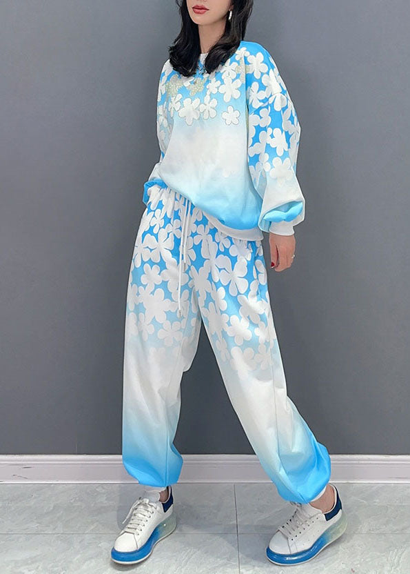 Blue Patchwork Tops And Pants Cotton Two Pieces Set O Neck Floral Long Sleeve