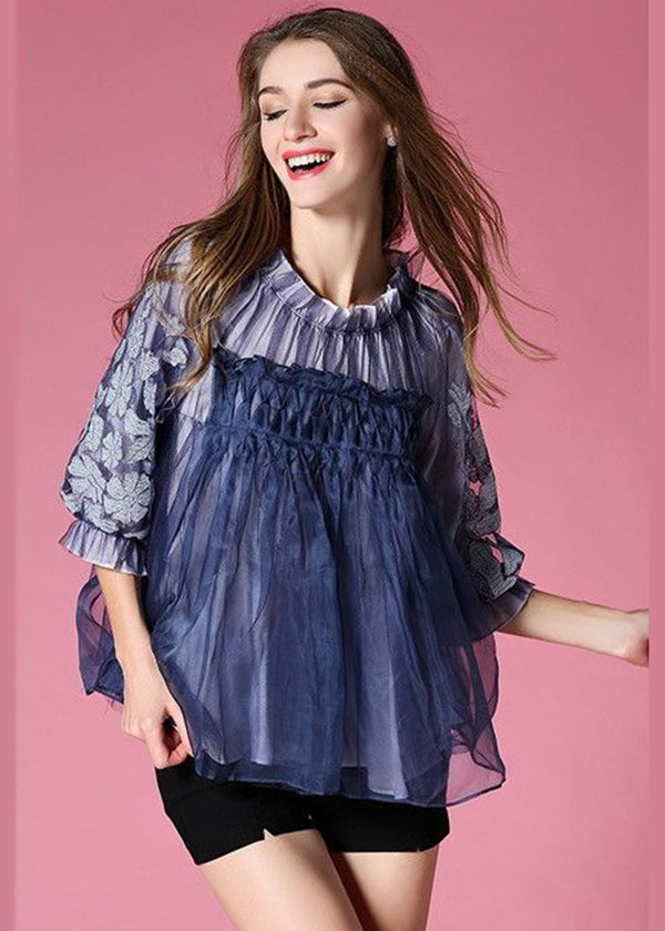 Blue Patchwork Tulle Shirt Embroidered Wrinkled Spring