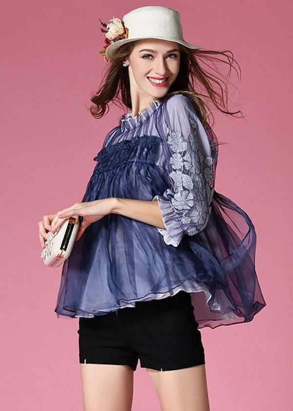 Blue Patchwork Tulle Shirt Embroidered Wrinkled Spring