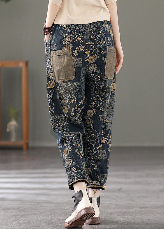 Blue Patchwork Warm Fleece Harem Pants Print Pockets Winter