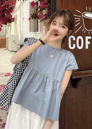 Blue Patchwork Wrinkled Cotton Shirt Tops O-Neck Bow Short Sleeve