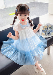 Blue Peter Pan Collar Kids Tulle Long Dresses Summer