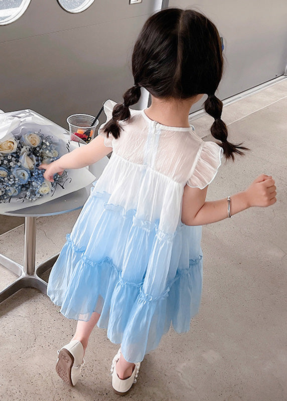 Blue Peter Pan Collar Kids Tulle Long Dresses Summer