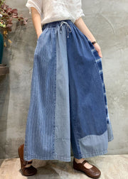 Blue Plaid Elastic Waist Patchwork Denim Loose Pants Pockets