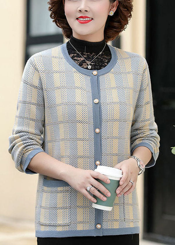 Blue Plaid Knit Coats O-Neck Pockets Long Sleeve