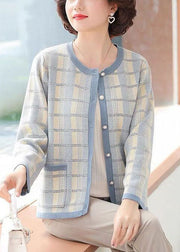 Blue Plaid Knit Coats O-Neck Pockets Long Sleeve