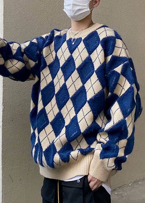 Blue Plaid Loose Knit Men Sweaters O Neck Fal