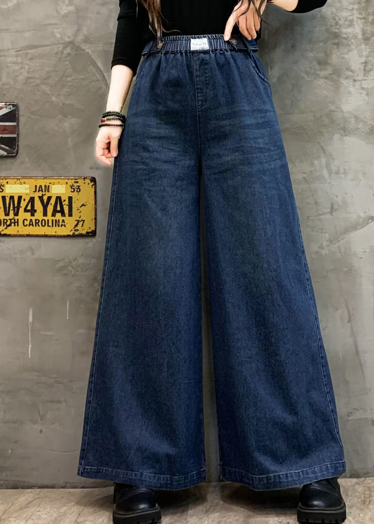 Blue Pockets Casual Denim Wide Leg Pants Elastic Waist Fall