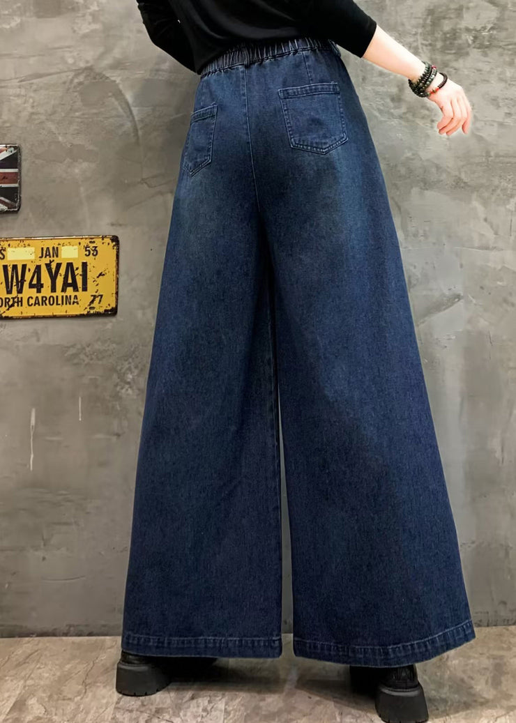 Blue Pockets Casual Denim Wide Leg Pants Elastic Waist Fall